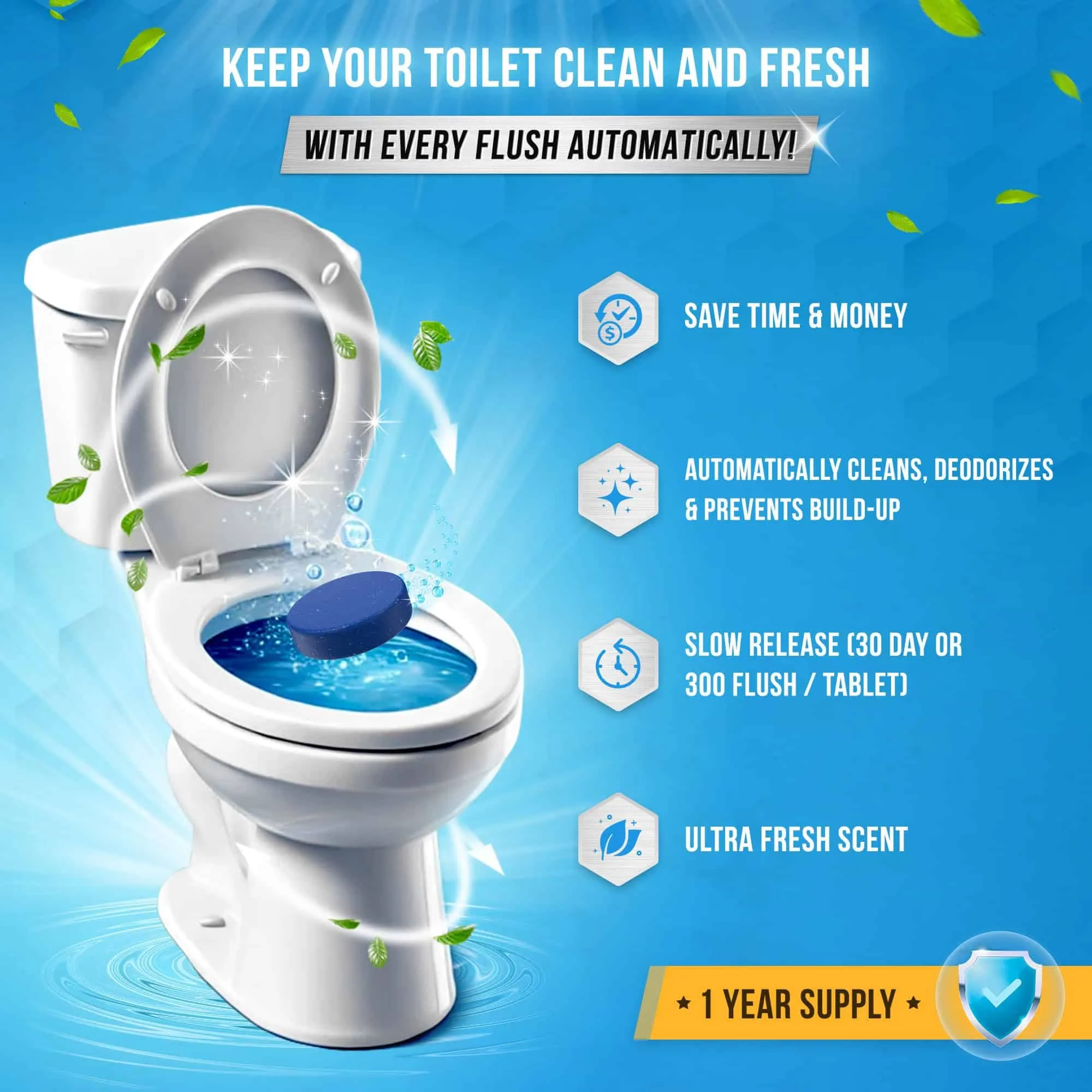 ACTIVE Automatic Toilet Bowl Cleaner Tablets Blue Gel Toilet Tank Cleaners, Septic-Safe Hard Water Ring Stain Remover, Smell Eliminator Heavy Duty Toilet Cleaning & Deodorizer, Fresh Scent - 12 Tabs
