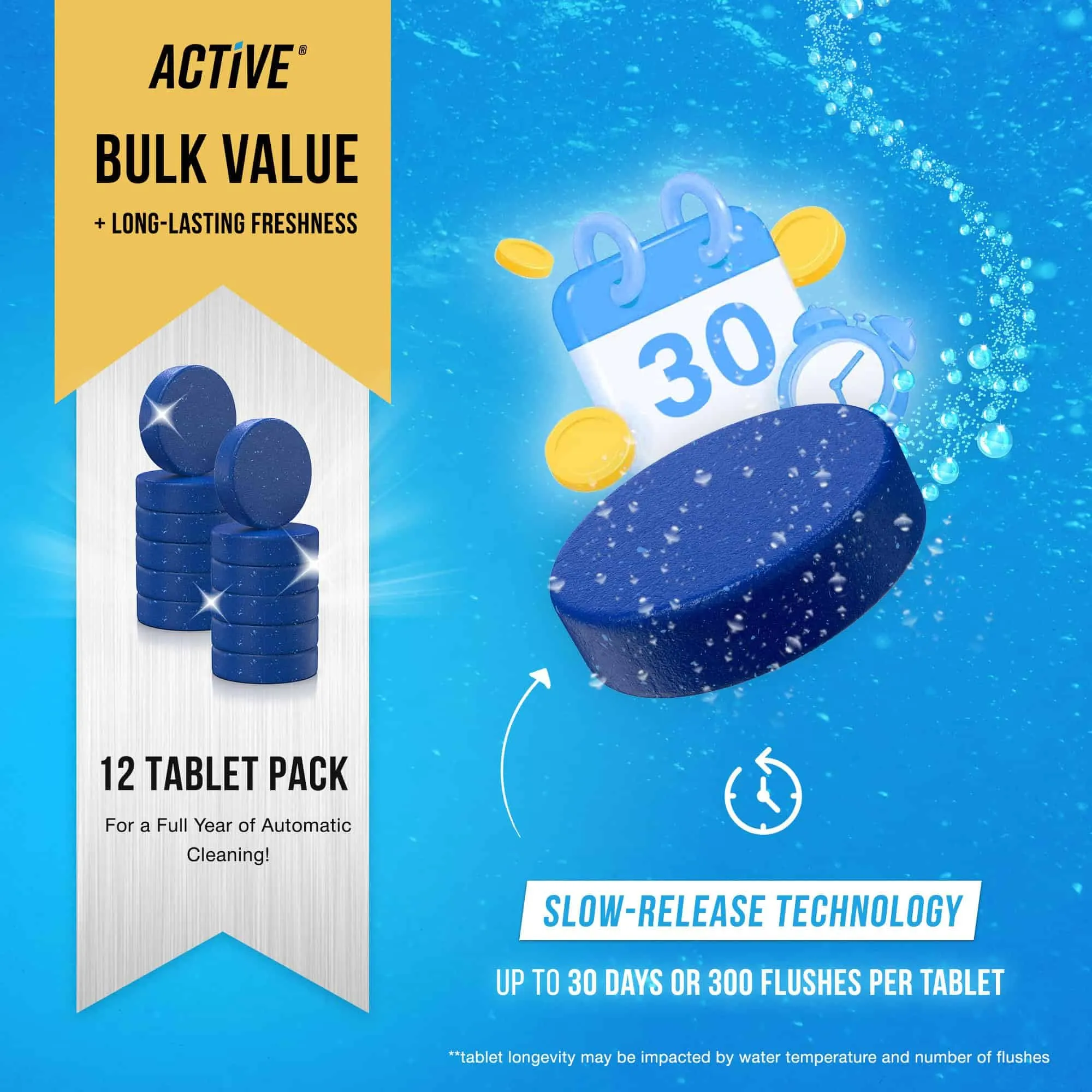 ACTIVE Automatic Toilet Bowl Cleaner Tablets Blue Gel Toilet Tank Cleaners, Septic-Safe Hard Water Ring Stain Remover, Smell Eliminator Heavy Duty Toilet Cleaning & Deodorizer, Fresh Scent - 12 Tabs