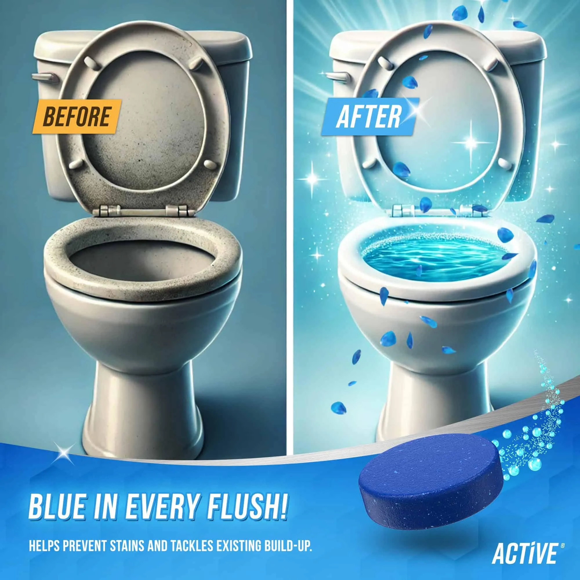ACTIVE Automatic Toilet Bowl Cleaner Tablets Blue Gel Toilet Tank Cleaners, Septic-Safe Hard Water Ring Stain Remover, Smell Eliminator Heavy Duty Toilet Cleaning & Deodorizer, Fresh Scent - 12 Tabs