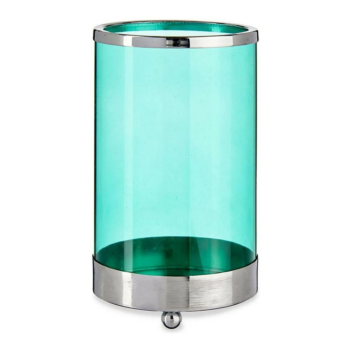 Candleholder Silver Blue Cylinder Metal Glass 9.7 x 16.5 x 9.7 Cm