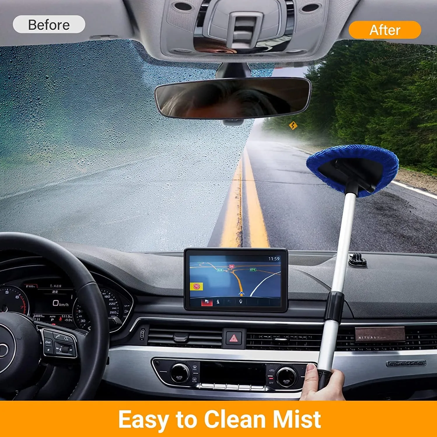 Car Wash Brush, Windshield Cleaner Wand, Glass Cleaning Mop Kit, Handle Cleaner Tool with Spray Bottle for Car Window, Blue, for Gift