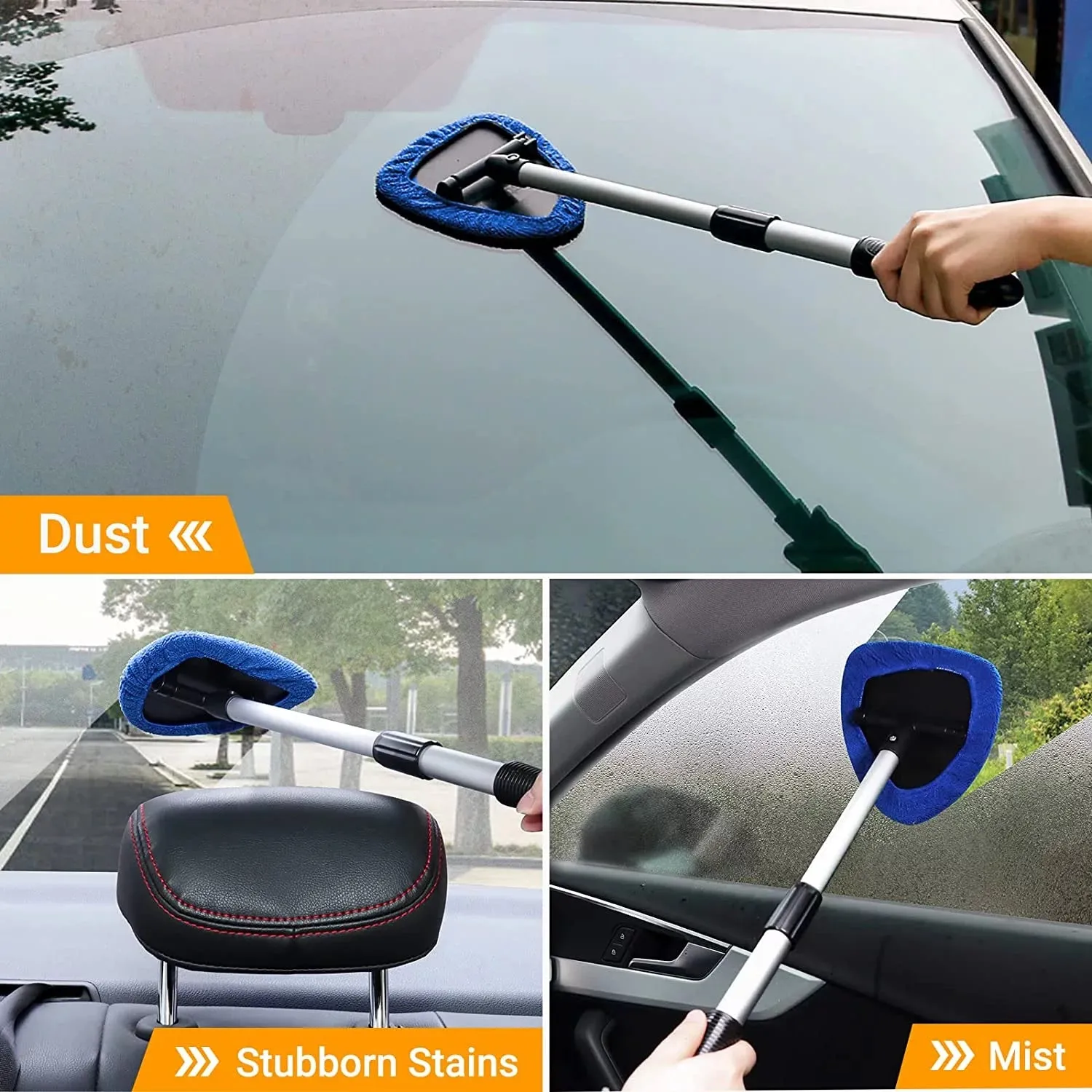 Car Wash Brush, Windshield Cleaner Wand, Glass Cleaning Mop Kit, Handle Cleaner Tool with Spray Bottle for Car Window, Blue, for Gift