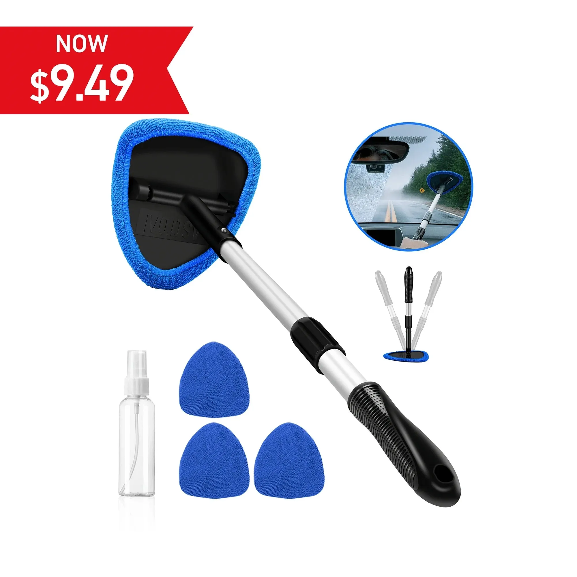 Car Wash Brush, Windshield Cleaner Wand, Glass Cleaning Mop Kit, Handle Cleaner Tool with Spray Bottle for Car Window, Blue, for Gift