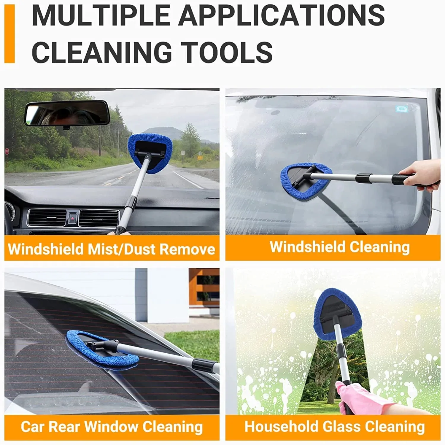 Car Wash Brush, Windshield Cleaner Wand, Glass Cleaning Mop Kit, Handle Cleaner Tool with Spray Bottle for Car Window, Blue, for Gift