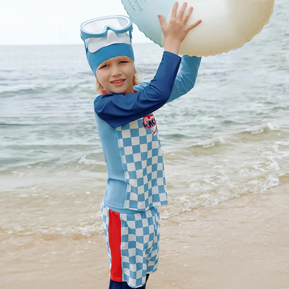 Checkered Swimsuit for Boys- 3Pcs (UPF 50 &A) - 110 - Blue