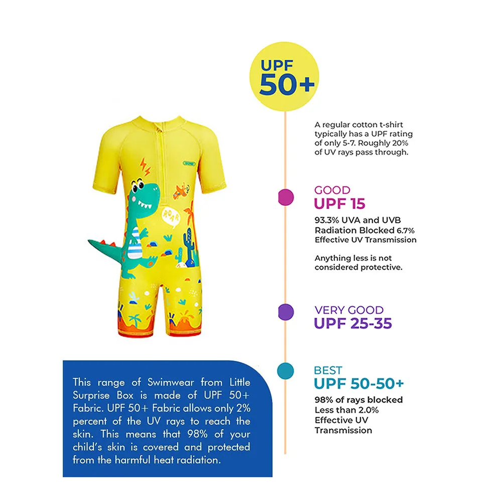 Little Surprise Box 3d Tail Yellow Volcano Dino Print Swimwear for Kids & Toddlers with UPF 50 