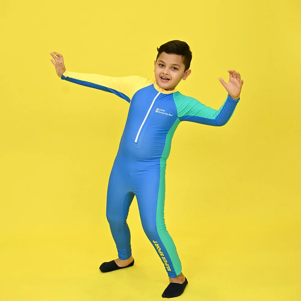 Little Surprise Box,Blue Tri Colour Super Sport Swimwear for Toddlers & Kids with UPF 30 
