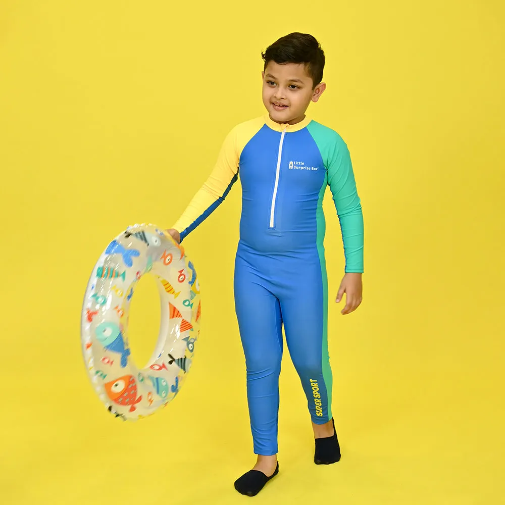 Little Surprise Box,Blue Tri Colour Super Sport Swimwear for Toddlers & Kids with UPF 30 