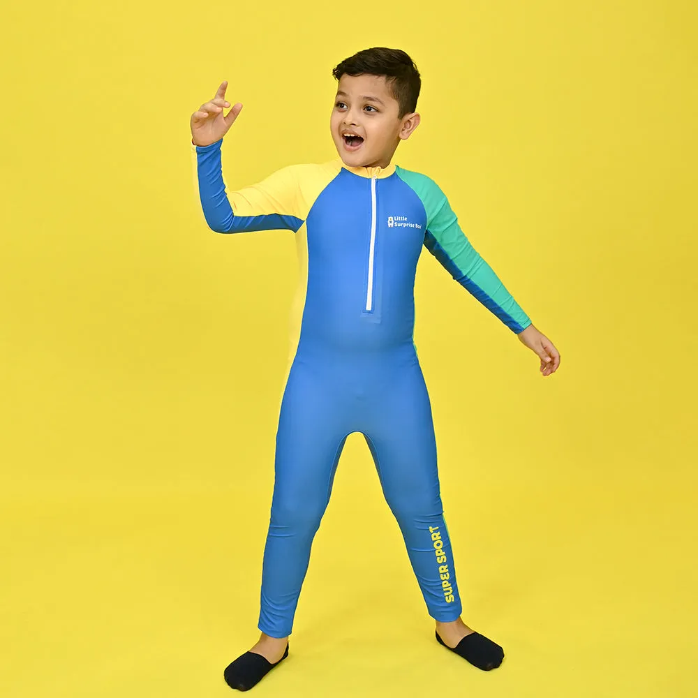Little Surprise Box,Blue Tri Colour Super Sport Swimwear for Toddlers & Kids with UPF 30 