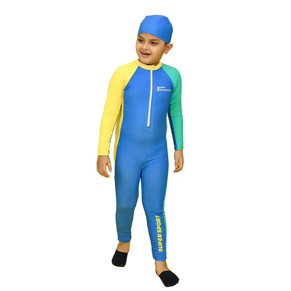 Little Surprise Box,Blue Tri Colour Super Sport Swimwear for Toddlers & Kids with UPF 30 